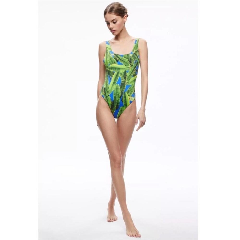 NWT Alice + Olivia Remy Scoop Neck Reversible Swim Bathing Suit Palm Print S